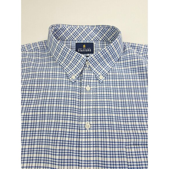Stafford Big Size 18.5 38-39 Mens White Blue Check Wrinkle Free Oxford Shirt - Picture 1 of 8